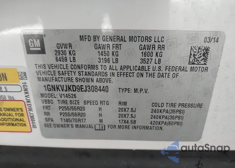 2014 Chevrolet Traverse Ltz из США, поврежденный, VIN 1GNKVJKD9EJ308440